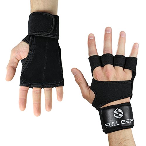 FULL GRIP Fitness-Handschuhe mit stützender Handgelenkbandage Trainingshandschuhe für Crossfit und Kraftsport mit Einer Handinnenfläche aus Leder (Schwarz 2. Generation, S) von FULL GRIP