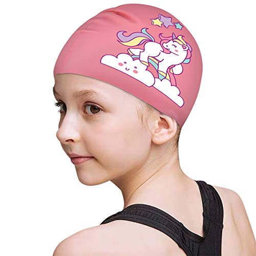 Funown Kinder-Badekappe für Kinder, Jungen und Mädchen im Alter von 2–8 Jahren, wasserdichte Badekappen für kurzes Haar (Pink) von FUNOWN