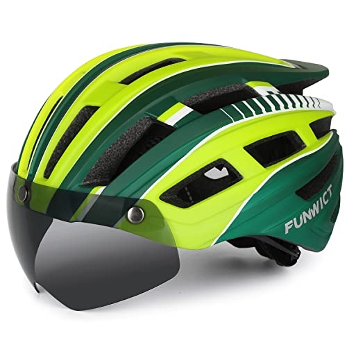FUNWICT Fahrradhelm Herren Damen Helm Fahrrad mit Abnehmbarer Magnetische Brille und Innenfutter LED-Rücklicht Fahrradhelm mit Visier zum Radfahren (GreenYellow) von FUNWICT