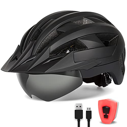 FUNWICT Fahrradhelm mit Visier für Herren Damen, Leichte Fahrradhelm mit Magnetischem Brille und USB-Aufladung LED Licht, Stylisch Mountainbike Helm (L: 57-61 cm, Schwarz) von FUNWICT