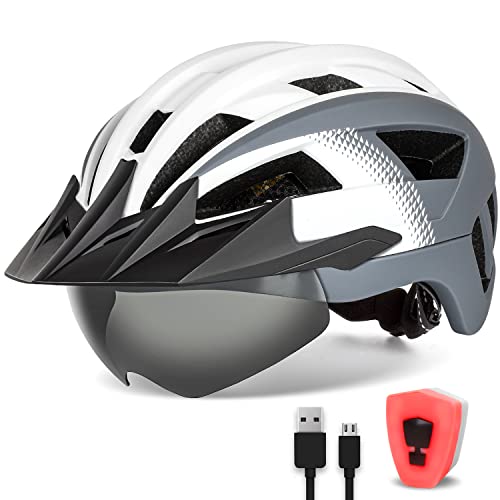 FUNWICT Fahrradhelm mit Visier für Herren Damen, Leichte Fahrradhelm mit Magnetischem Brille und USB-Aufladung LED Licht, Stylisch Mountainbike Helm (L: 57-61 cm, Weiß Grau) von FUNWICT