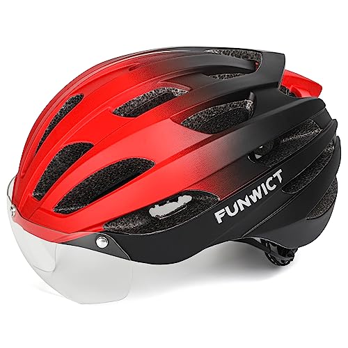 FUNWICT Fahrradhelm mit Visier für Erwachsene Männer Frauen, Leichter Fahrradhelm mit Magnetbrille, Verstellbarer Fahrradhelm für Radfahren Größe 57-61 cm (Schwarz Rot, L: 57-61 cm) von FUNWICT