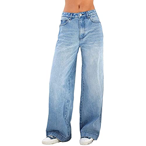 FUZUAA Baggy Jeans für Damen Hip Hop Lange Jeans Y2K Lose gerade Jeans Hohe Taillenjeans Bootcut Jeans mit weitem Bein Baggy Boyfriend Denim Streetwear Cargohose (Color : Blue, Size : L) von FUZUAA