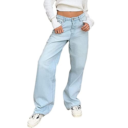 FUZUAA Baggy Jeans für Damen Hip Hop Lange Jeans Y2K Lose gerade Jeans Hohe Taillenjeans Bootcut Jeans mit weitem Bein Baggy Boyfriend Denim Streetwear Cargohose (Color : Light Blue, Size : L) von FUZUAA