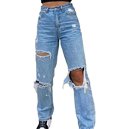 FUZUAA Damen Einfarbig Hohe Taille ​Zerrissene Destroyed Jeans Baggy Boyfriend Stil Jeanshosen mit Weites Bein Lose Denim Hose mit Geradem Bein Risse Ripped Jeans (Color : Blue, Size : 3XL) von FUZUAA