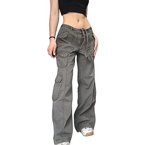 FUZUAA Damen Low Waist Cargo Jeans Gerade Breites Bein Baggy Denim Hosen Y2k Indie Aesthetic Vintage Jeanshosen 90er Streetwear (Color : Gray, Size : M) von FUZUAA