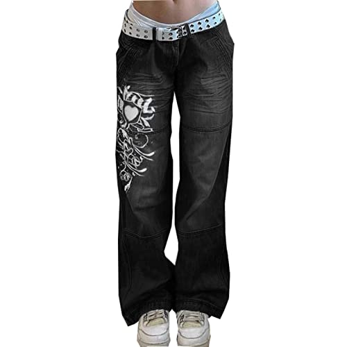 FUZUAA Damen Y2K Baggy Denim Hosen Korean Style Harajuku Hot Mom Denim Jeans Grunge Vintage Taschen Niedrige Taille Skinny Flare Pants 20s Retro Cargo Pants (Color : Black, Size : L) von FUZUAA