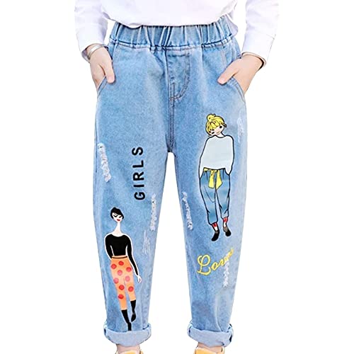 FUZUAA Kinder Mädchen Jeans Hose Baumwolle Freizeithose Loose Fit Denim Pants Schlaghose Ausgestellten Hosen Weite Bein Freizeit (Color : Blue, Size : 130CM) von FUZUAA