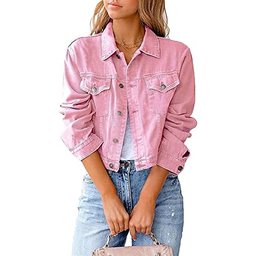 Frauen Basic Frühling und Herbst Damen Jeansjacke Vintage Langhülse Lose Mädchen Jeans Mantel Beiläufige Outwear (Color : Pink, Size : 3XL) von FUZUAA