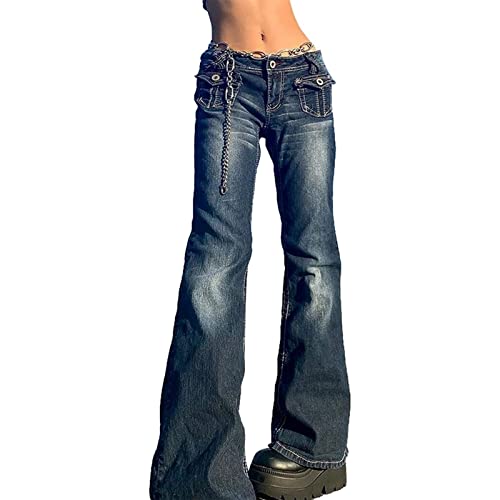 Frauen Y2k Low Waist Retro Cargo Jeans Koreanische Stitching Pocket Straight Leg Jeans 90er Streetwear Grunge Denim Pants (Color : Blue, Size : M) von FUZUAA