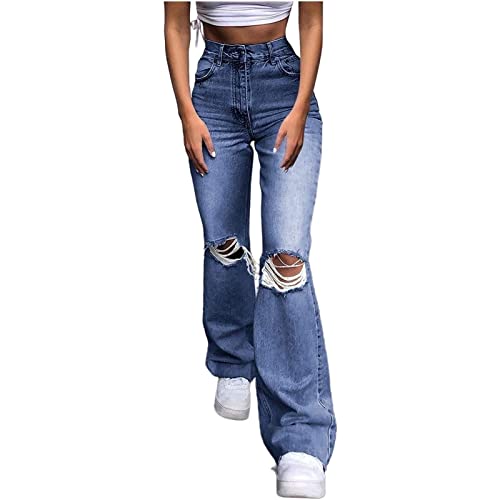 Jeans für Damen Hohe Taille All-Matching Jeans Damen Lässige Lose Hosen Zerrissene Jeans Damen Weites Bein Schlaghose Lose Hochtaillierte Jeanshose Y2k 90er Jahre Hosenhose ( Color : Blue , Size : M ) von FUZUAA