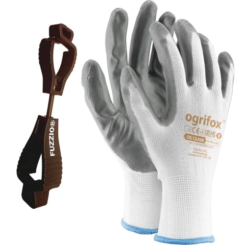 FUZZIO 24 Paar Ogrifox Nitril besichtet Arbeitshandschuhe Handschuh-Klammer (S-7, Weiß) von FUZZIO