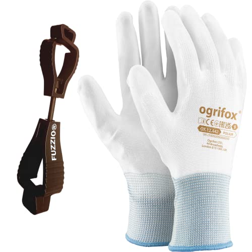 FUZZIO 24 Paar Ogrifox PU besichtet Arbeitshandschuhe Handschuh-Klammern (S (24er Pack), Weiß) von FUZZIO