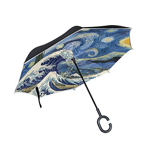 FVFV Kanagawa Surfing Van Gogh Star Nacht Umgekehrte Regenschirm mit C-förmigem Griff Seitenverkehrt Faltbarer Regenschirm UV-Schutz Auto Große Schirm von FVFV