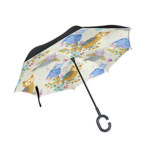 FVFV Süße Cartoon Eule Vögel Umgekehrte Regenschirm mit C-förmigem Griff Seitenverkehrt Faltbarer Regenschirm UV-Schutz Auto Große Schirm von FVFV
