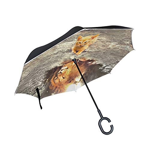 FVFV Süße Katze Löwe Seele Umgekehrte Regenschirm mit C-förmigem Griff Seitenverkehrt Faltbarer Regenschirm UV-Schutz Auto Große Schirm von FVFV