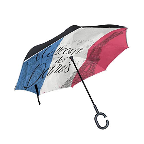 Frankreich Flagge Eiffelturm Umgekehrte Regenschirm mit C-förmigem Griff Seitenverkehrt Faltbarer Regenschirm UV-Schutz Auto Große Schirm von FVFV