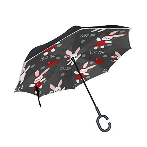 Graue Kunst Kaninchen Tupfen Umgekehrte Regenschirm mit C-förmigem Griff Seitenverkehrt Faltbarer Regenschirm UV-Schutz Auto Große Schirm von FVFV