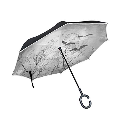 Halloween Black Bat Moon Umgekehrte Regenschirm mit C-förmigem Griff Seitenverkehrt Faltbarer Regenschirm UV-Schutz Auto Große Schirm von FVFV