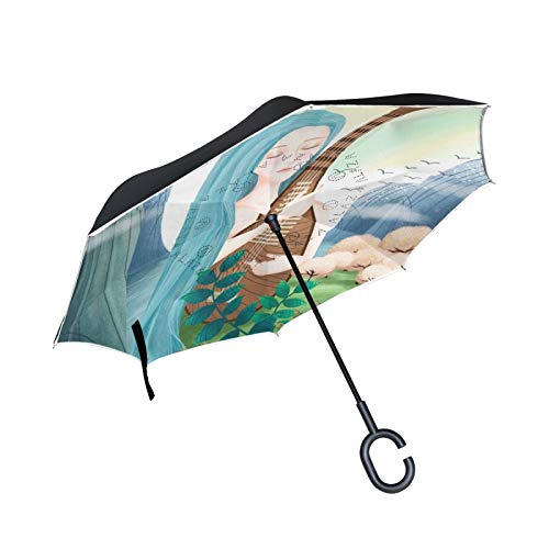 Kunst Wasserfall Musik Dame Umgekehrte Regenschirm mit C-förmigem Griff Seitenverkehrt Faltbarer Regenschirm UV-Schutz Auto Große Schirm von FVFV