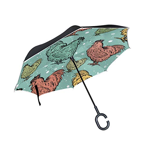 Niedliche Weihnachtshähne Huhn Umgekehrte Regenschirm mit C-förmigem Griff Seitenverkehrt Faltbarer Regenschirm UV-Schutz Auto Große Schirm von FVFV