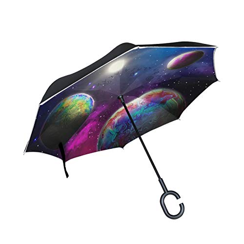 Planeten Weltraum Sonnenstern Umgekehrte Regenschirm mit C-förmigem Griff Seitenverkehrt Faltbarer Regenschirm UV-Schutz Auto Große Schirm von FVFV