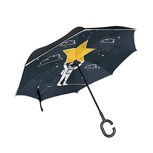 Raumastronaut Gelber Stern Umgekehrte Regenschirm mit C-förmigem Griff Seitenverkehrt Faltbarer Regenschirm UV-Schutz Auto Große Schirm von FVFV