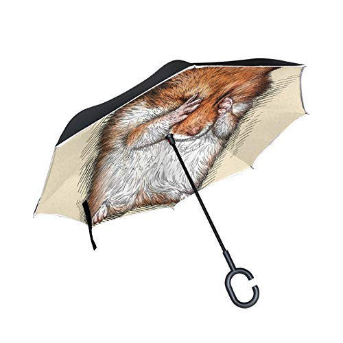 Süße Fette Lustige Maus Umgekehrte Regenschirm mit C-förmigem Griff Seitenverkehrt Faltbarer Regenschirm UV-Schutz Auto Große Schirm von FVFV