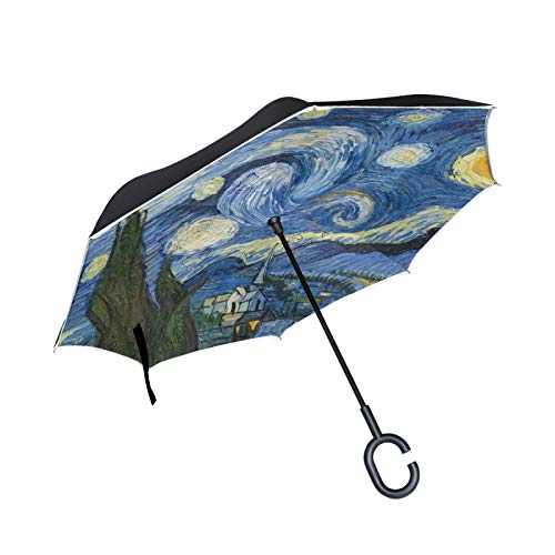 Van Gogh Sternnachtfarbe Umgekehrte Regenschirm mit C-förmigem Griff Seitenverkehrt Faltbarer Regenschirm UV-Schutz Auto Große Schirm von FVFV
