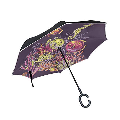 Vintage Sea Life Fische Umgekehrte Regenschirm mit C-förmigem Griff Seitenverkehrt Faltbarer Regenschirm UV-Schutz Auto Große Schirm von FVFV