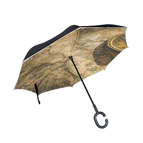 Vintage Segel Weltkarte Umgekehrte Regenschirm mit C-förmigem Griff Seitenverkehrt Faltbarer Regenschirm UV-Schutz Auto Große Schirm von FVFV