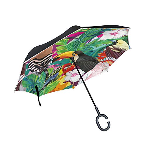 Vogel Tukan Papagei Palmblätter Umgekehrte Regenschirm mit C-förmigem Griff Seitenverkehrt Faltbarer Regenschirm UV-Schutz Auto Große Schirm von FVFV