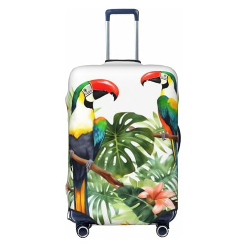 FWJZDSP Gepäckabdeckung mit Tukan-Papagei-Palmenblättern-Aufdruck, dehnbarer Kofferschutz, Kratzfest, waschbar, für 18-32 Zoll großes Gepäck von FWJZDSP