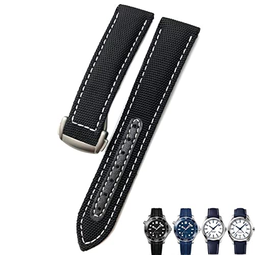 FXJHZH 19mm 20mm gewebtes Nylon-Uhrenarmband Schwarz Blau Faltschließe Leder-Uhrenarmbänder für Omega AT150 Aqua Terra Seamaster Tissot von FXJHZH