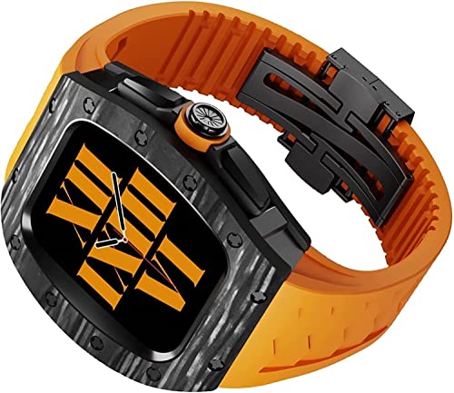 FXJHZH Kohlefaser-Lünette mit Titan-Uhrengehäuse + Fluorkautschuk-Uhrenarmband, für Serie 8 7 45 mm, Damen/Herren-Luxus-Modifikationsset, für IWatch SE 6 5 4 44 mm Uhrenarmband von FXJHZH