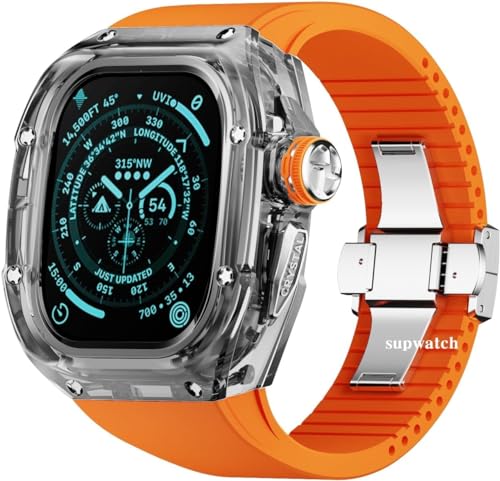 FXJHZH Kristalltransparentes Uhrengehäuse-Upgrade-Modifikationsset, für Ultra 8 49-mm-Zubehör, RM-Gummi-Uhrenarmbänder, Metallkronenabdeckung, Mod-Kits, für IWatch-Modifikation von FXJHZH