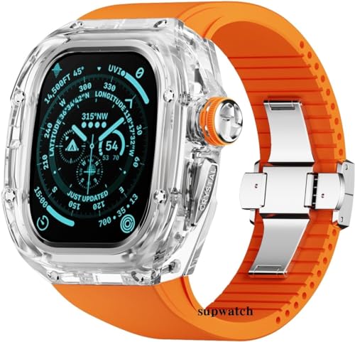 FXJHZH Kristalltransparentes Uhrengehäuse-Upgrade-Modifikationsset, für Ultra 8 49-mm-Zubehör, RM-Gummi-Uhrenarmbänder, Metallkronenabdeckung, Mod-Kits, für IWatch-Modifikation von FXJHZH