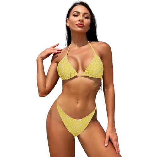 FXSMCXJ Bikini Damen Damenhalter Tanga Bikini Sets Gepolstertes Dreieck Rückenfreier Oberer Tiefen Bikini Unten-gelbe Und Weiße Blume-m von FXSMCXJ