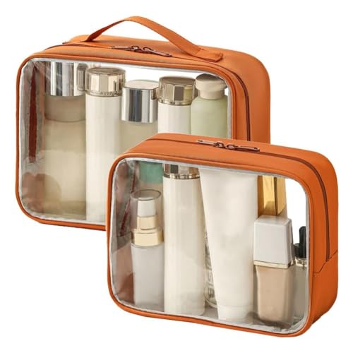 FYOBOT Durchsichtige Kulturtasche, Wasserabweisende PVC-Make-Up-Tasche mit Reißverschlüssen, Durchsichtige Kulturtasche für Frauen, Transparent und Orange von FYOBOT