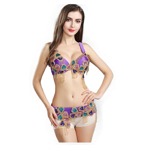 FZHQNZJF Bauch Tänzer Kostüme für Frauen Glänzend Karneval Wettbewerb Rock Halloween Lateinische Partei Tanzkleidung Bauchtanz Top BH und Gürtel 2 teiliger Set,Lila,L von FZHQNZJF