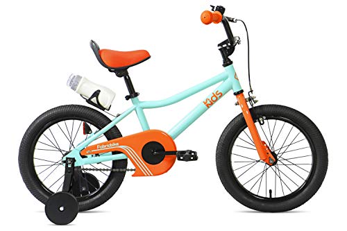 FabricBike Kids Fahrrad mit Pedalen für Jungen und Mädchen, Abnehmbare Trainingsräder, Hochwertige Bremsen, 12- und 16-Zoll-Räder, 4 Farben (Aqua & Orange, 16": 3-7 Jahre (96 bis 120 cm hoch)) von FabricBike