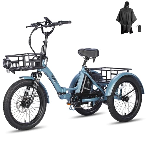 Fafrees Elektro Dreirad Fahrrad, 20 Zoll Lastenfahrrad Klapprad Dreirad für Erwachsene E Bike mit 48V 18,2AH Akku 55-110KM Tragfähigkeit 180kg, F20 Mate (Blau) von Fafrees