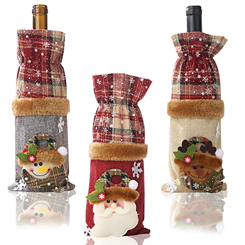 FainFun Weihnachten Weinflasche Abdeckung, 3 Stück 28 * 13CM Weihnachtsdekoration Weinflaschen Taschen aus Sackleinen, Rotwein Flaschenbeutel für Dress up Weinflasche, für Tischdekoration von FainFun