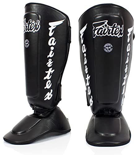 Fairtex SP7 Muay Thai Schienbeinschützer für Herren, Damen, Kinder | aus Syntek-Leder und hochwertig, leicht und langlebig | Abnehmbarer Schienbein- und Fußschutz(Medium-Schwarz) von Fairtex