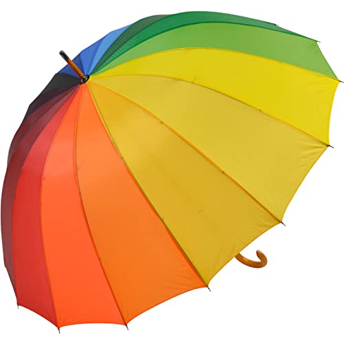 Falcone® 16-teiliger Regenschirm Holzstock sturmfest mit Holzgriff - Regenbogen von Falcone