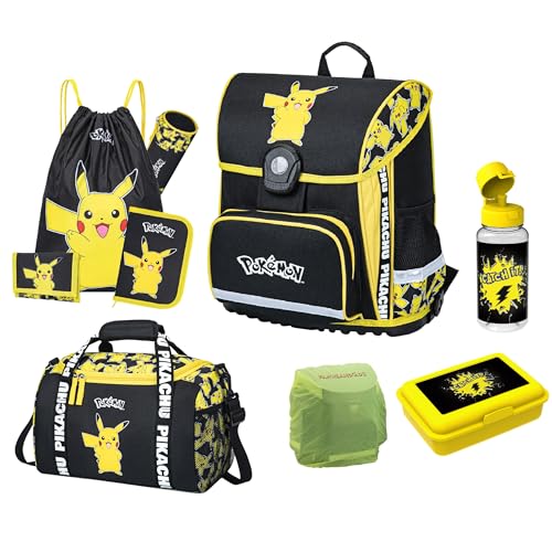 Pokémon Schulranzen Set mit Dose, Flasche und Sporttasche für die 1. Klasse - Ergonomisch, Kompakt, 990 Gr. Leicht, 18 L Volumen, wasserdichter Boden - Schultasche mit Pikachu Motiv - Einschulungs-Set von Familando