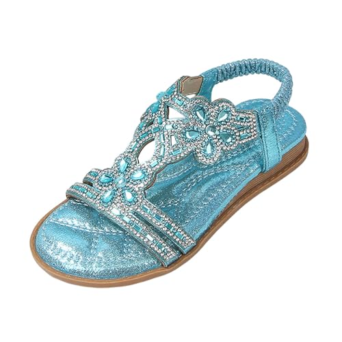 mädchen Sandalen 34, Glitzer Sandalen Damen Sommer Elegant Flach Strass Schuhe Mädchen Sommerschuhe Frauen Bequem Weichen Sohlen Damensandalen Gummiband Slingback Sandaletten Strandschuhe von Famzuneu