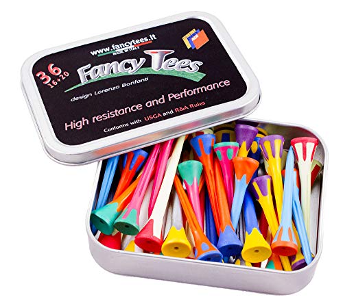 Fancytees Box aus Metall 36 Stück Miste, Golf Tees aus Zwei Kunststoffen, lang, Mehrfarbig, Design und Qualität Made in Italy von Fancytees