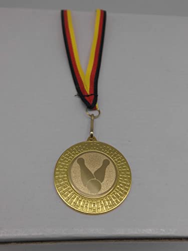 HDmirrorR 10 Stück Medaillen aus Stahl 40mm mit einem Bowling Bowlen Logo inkl. Medaillen Band Farbe: Gold - Turnier - (9285) von Fanshop Lünen