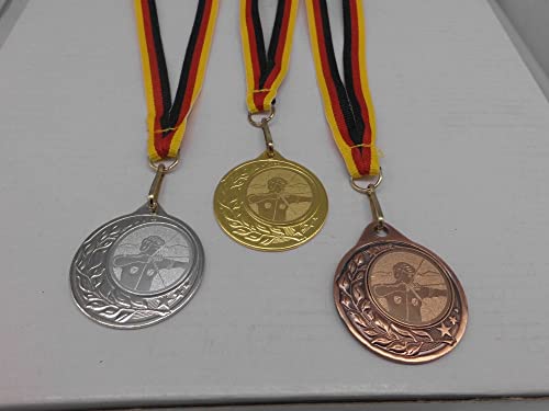 Bogenschießen 3 Stück Medaillen - aus Stahl 40mm - Gold, Silber, Bronze - Schützen - Schütze - Schießensport - mit Emblem 25mm - Gold, Silber, Bronce - Medaillenset - Medaillen-Band - (9283) von Fanshop Lünen